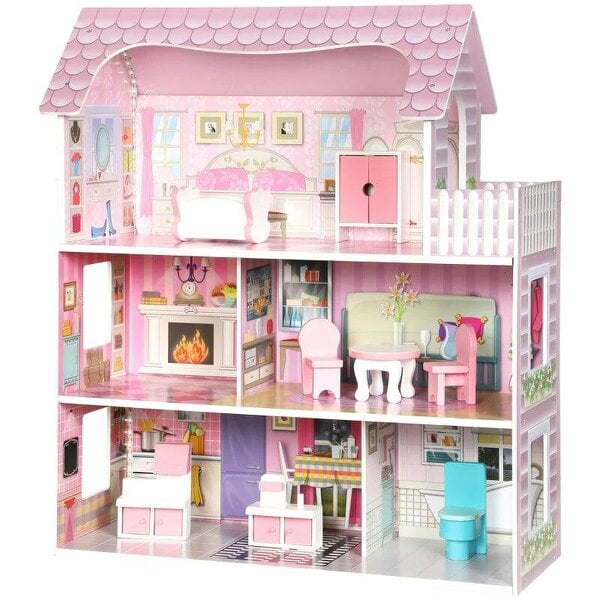 Dolls House, 6 Rooms Modern Dollhouse with LED Lights, 8 Furniture Pieces, 3-Level Playhouse Gift for Kids 3-6 Years