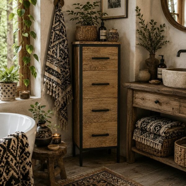 Wyld Haus Nita Narrow Bathroom Storage Cabinet With 4 Drawers Oak Finish