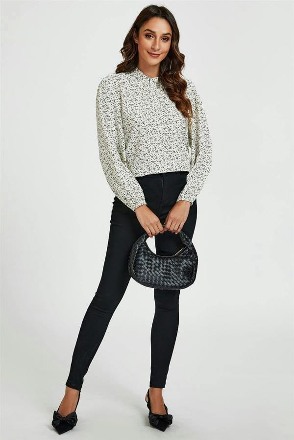 FS Collection Little Floral Print Frill Detail High Neck Top In White