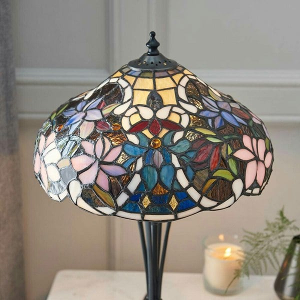 Tiffany Glass Table Lamp Light Dark Bronze & Multi Colour Floral Shade i00229 Loops