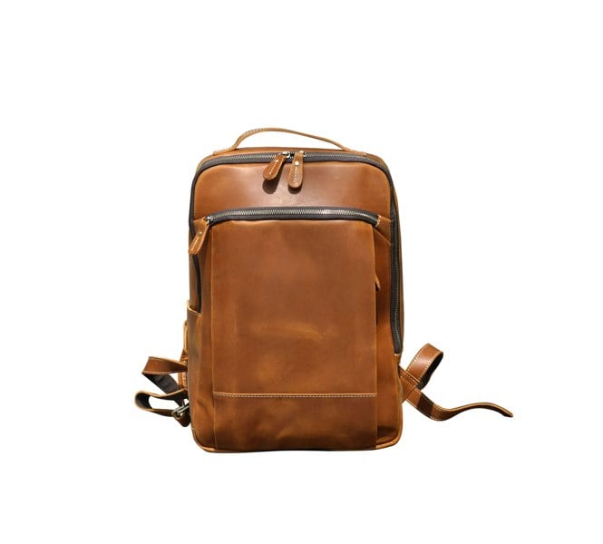 Touribag Minimalist Zip Open Leather Backpack - Light Brown