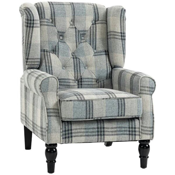 Faux Linen Armchair with Thick Spring Cushion, Wingback Accent Chair with High Back, Solid Wood Legs, Mixed Plaid