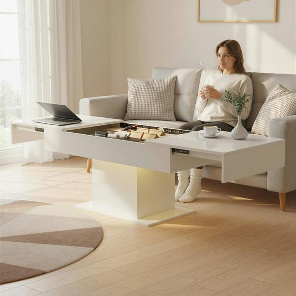 Wyld Haus Mara High Gloss White Extendable Coffee Table With LED Lighting And Storage