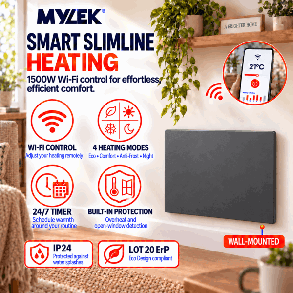 MYLEK Electric Radiator Panel Heater Grey WIFI Smart APP Eco 1500W Bathroom Safe Wall Mounted Timer Thermostat