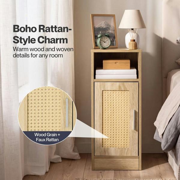 Levede Bedside Table 2 Pc Narrow Side Table Boho Rattan Storage For Bedroom Wood