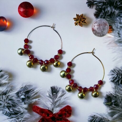 The Colourful Aura Gold Red Ghungroo 30mm Huggie Multicolour Dainty Boho Summer Hoop Bali Earring