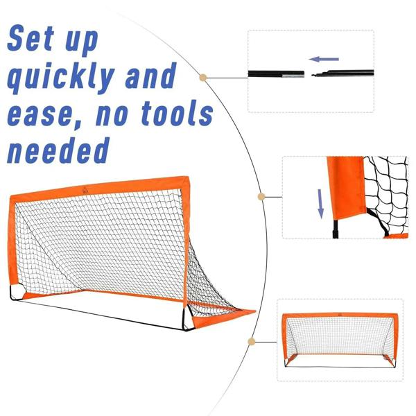 Orange foldable football goal net with white mesh, quick setup shown in panels