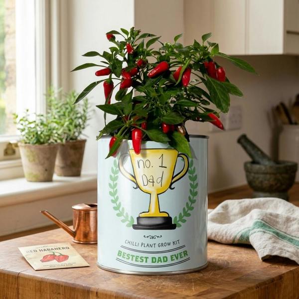 No. 1 Dad grow your own chilli kit by Abode Home & Gifts sitting on a wooden kitchen counter next to a seed packet.
