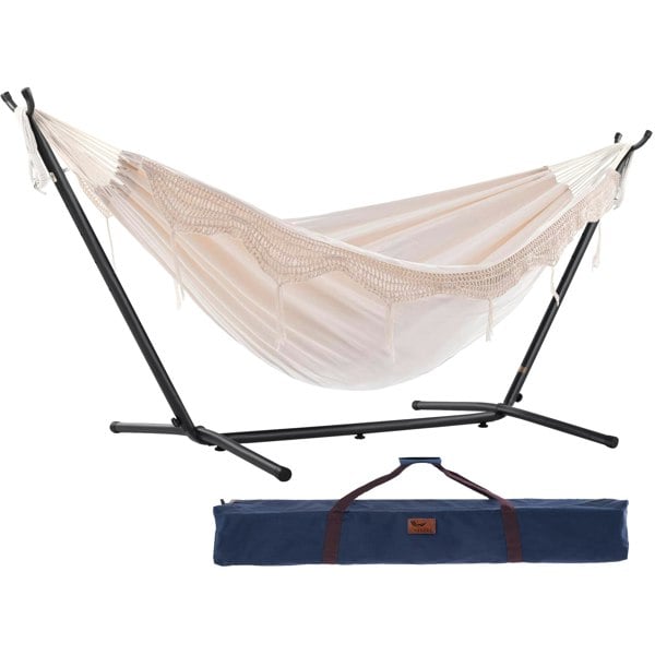 Vivere Double Cotton Hammock with Stand (280cm) - Natural with Fringe