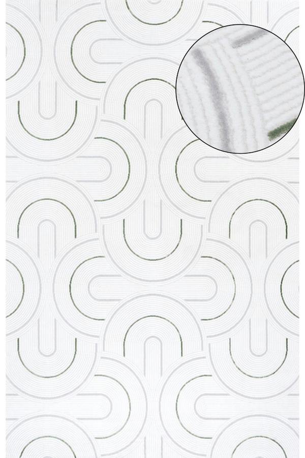 geometric design sage green colour rug, rectangular and runner shapes, high quality materials, soft and textured pile, easy to clean rug.