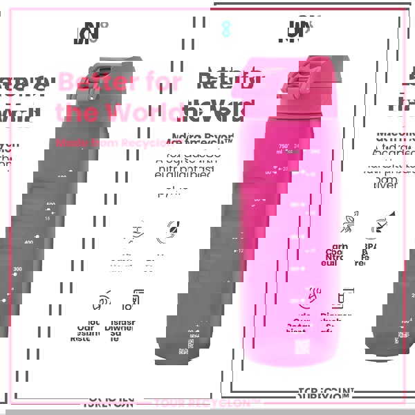 A pink water bottle sits against a white background. It is made from Recyclon™, a plant-based polymer. The bottle displays volume measurements in milliliters and ounces.