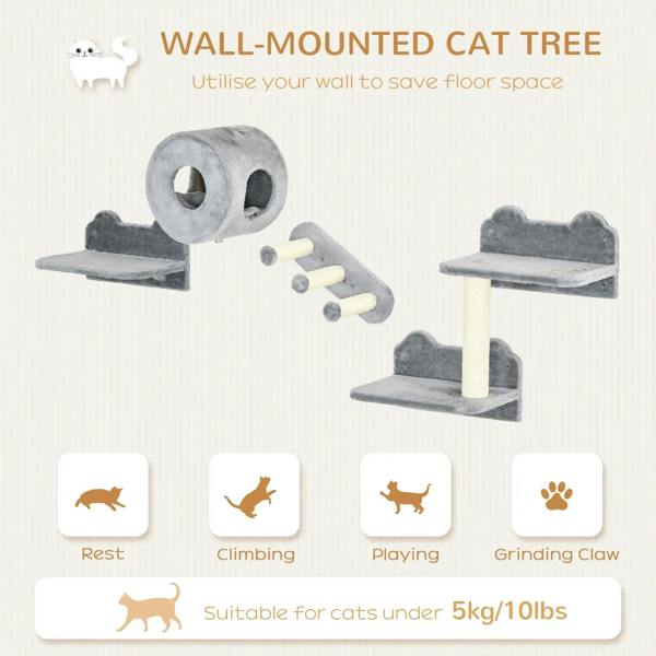 Grey wall-mounted cat tree set: tunnel, two resting platforms, and central post