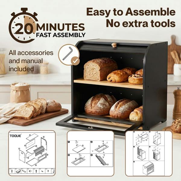 Toque Bread Box  2-Tier Large Capacity Roll Top  Black Bamboo  Acrylic Door