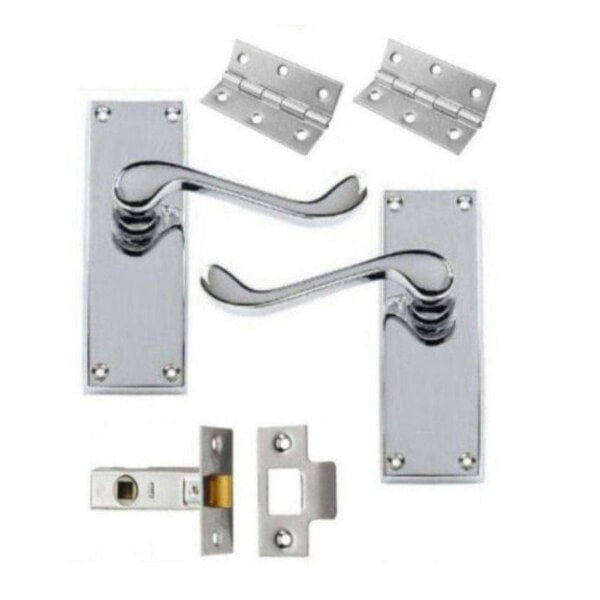 EDH Door Hardware Discount Hardware uk Victorian Scroll Polished Chrome Door Handle Latch Pack + Hinges & 64mm Latch