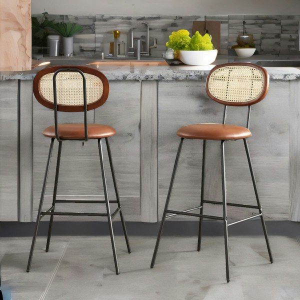 Rafaelo Mobilia Set Of 2 Faux Leather Bar Stools With Rattan Back Whiskey Brown