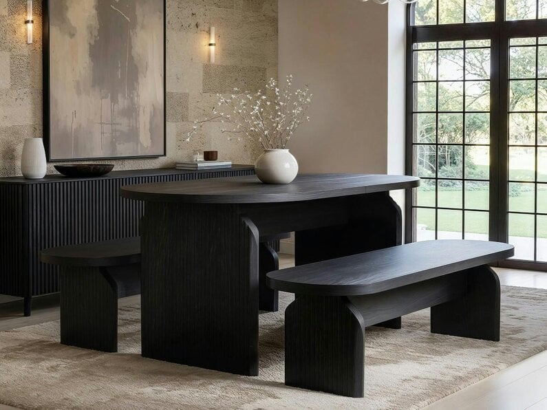 SOLACE+CO Varm Wooden Ribbed Dining Table With Bench Set Oak - Black