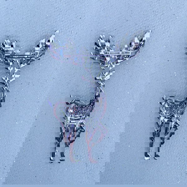 Stag brooch, silver tone metal, crystal embellished body, large dark crystal antlers, sparkling rhinestone detailing, vintage inspired jewellery, elegant decorative pin, gift for her
