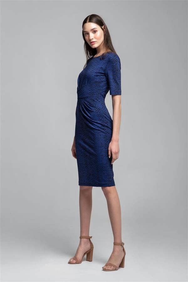 Rumour London Rebecca soft jersey dress with waistline drapes in blue print