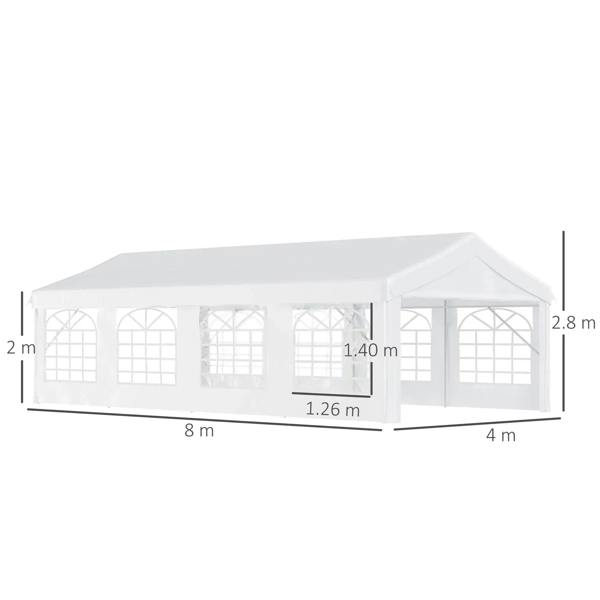 White 8m x 4m gazebo tent with framed walls and arched window panels