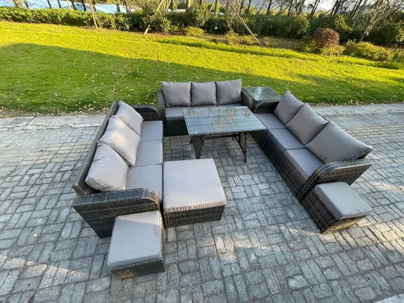 Fimous 12 Seater Wicker Rattan Garden Furniture Set with Rectangular Dining Table Side Table 3 Footstools Patio Outdoor Lounge Sofa Set