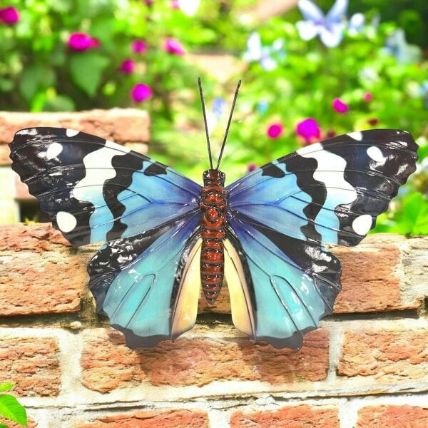 EDH Door Hardware Medium Metal Blue Butterfly Wall Art – 23 x 34 x 1 CM | Hand-Painted 3D Butterfly Décor | Weatherproof Metal Wall Decoration