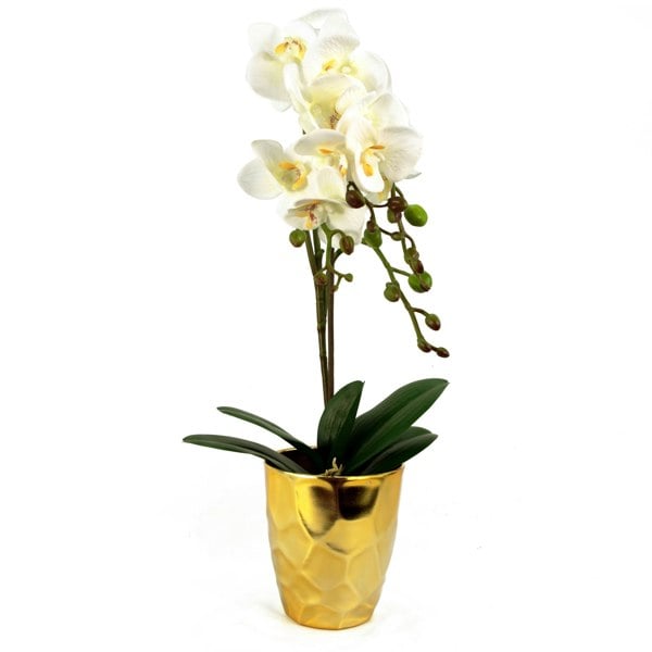 Leaf 54cm Artificial Orchid Plant - White with Gold Pot