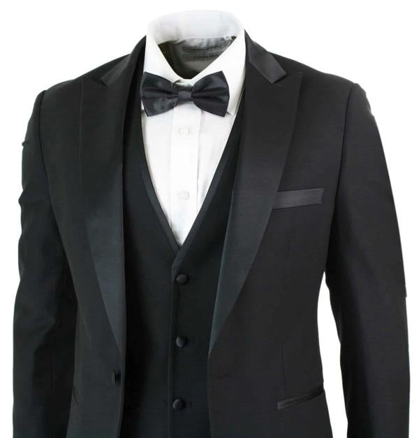 Paul Andrew Mens 3 Piece Black Tuxedo Suit Classic Satin Dinner Tailored Fit Wedding Prom