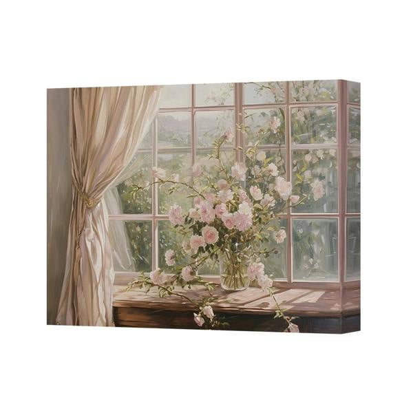 Benjamin Tate Design Window View Canvas Art Print With Pink Rose Bouquet On Window Sill