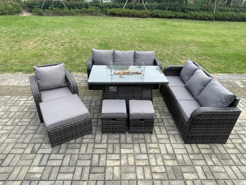 Fimous 10 Seater Wicker Rattan Garden Furniture Set Gas Fire Pit Dining Table Reclining Chair 3 Seater Sofa Set Indoor Outdoor with 3 Footstools