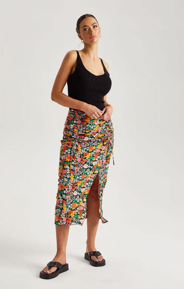 Urban Bliss Floral Ruched Midi Skirt