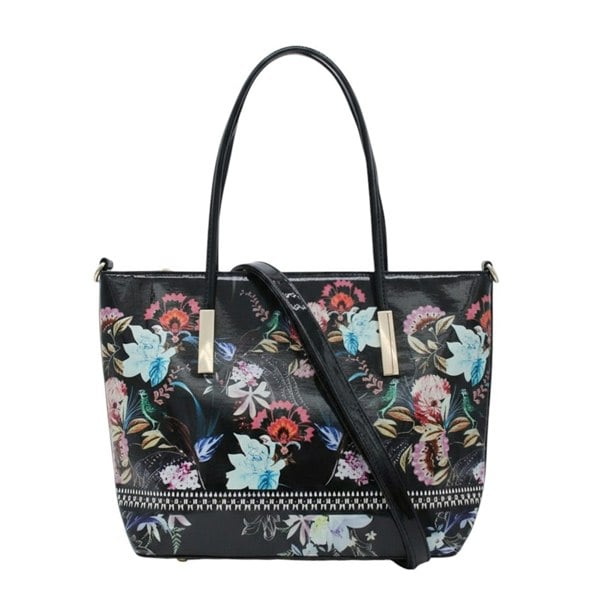 Kitise Elegant Floral Print Patent Leather Tote Shoulder Bag