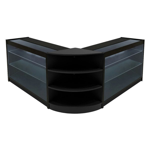 Black Apollo LED Shop Counter Set with sleek glass shelves, modern design, and curved edges, ideal for retail displays