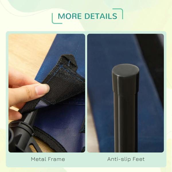 Blue raised pet cot details: metal frame join and anti-slip rubber foot