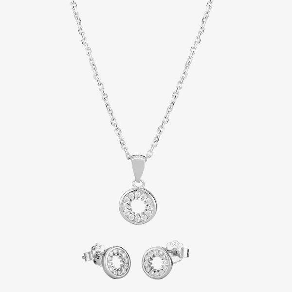 T. H. Baker Silver Cubic Zirconia Halo Pendant and Studs Set SET14439