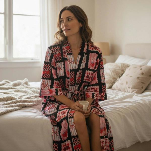 Hayley & Co Cherry and Bow Print 100% Cotton Dressing Gown