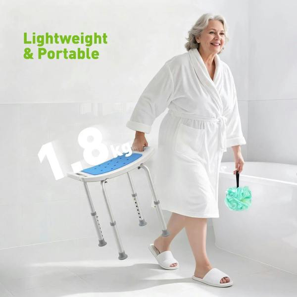 Adjustable-height shower stool with blue seat in use by a person in a bath