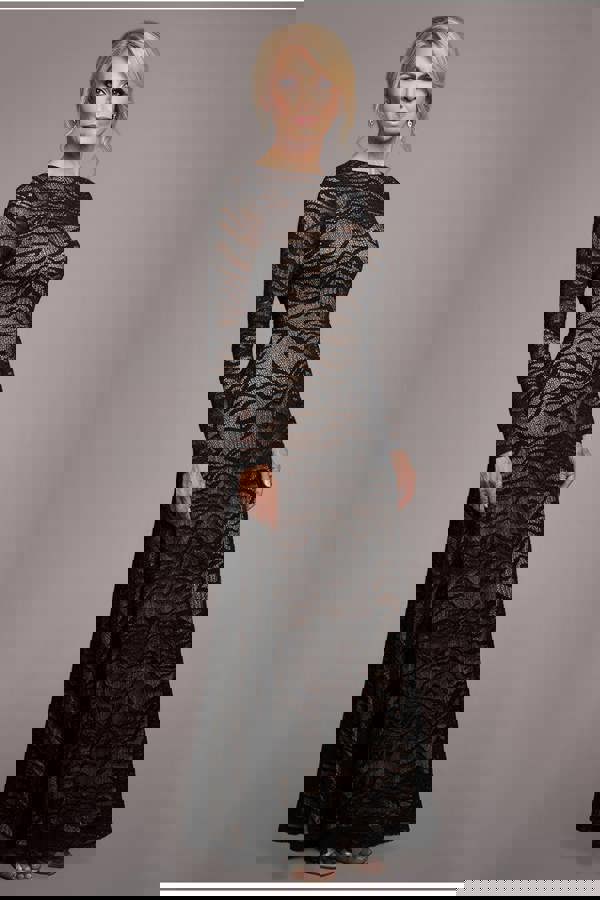 Geo Wave Flare Skirt Long Sleeve Maxi Dress - Black DR4491M