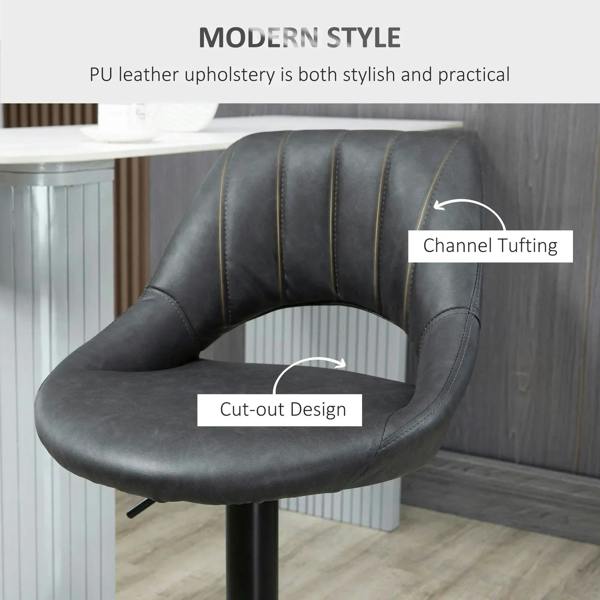 Grey PU leather bar stool with channel tufting and cut-out seat design, pedestal base