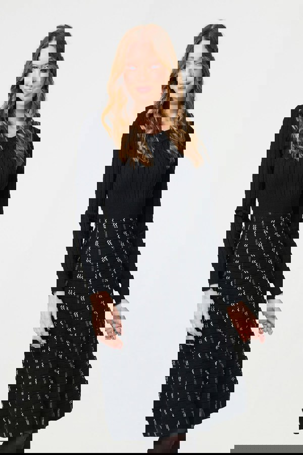 Black | Striped Long Sleeve Midi Knit Dress : Model is 5'9"/175 cm and wears UK8/EU36/US4/AUS8