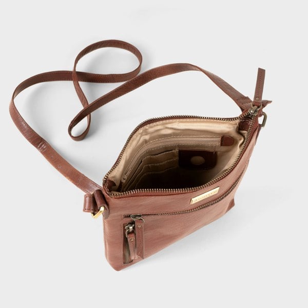 Assots London 'RUE' Brown Polished VT Real Leather Crossbody Bag