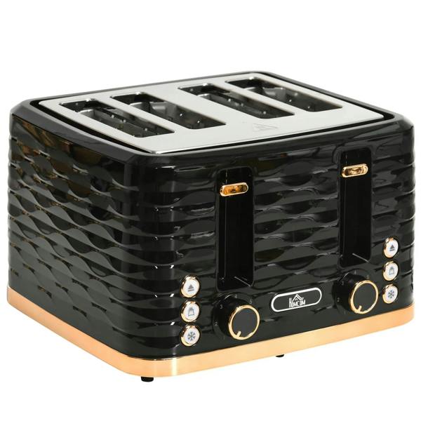 Black four-slice toaster with wide slots and stainless control panel