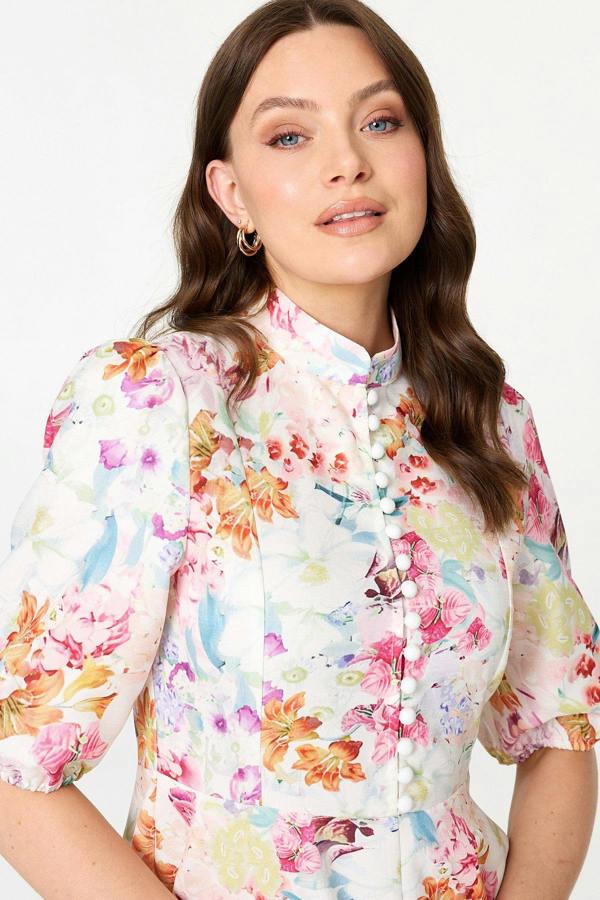 Cream | Floral 3/4 Sleeve High Neck Midi Dress