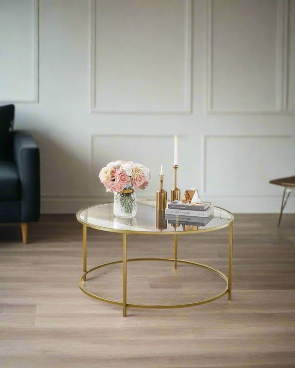 Modcraft Round Glass Coffee Table with Gold Metal Frame – Modern Living Room Centre Table