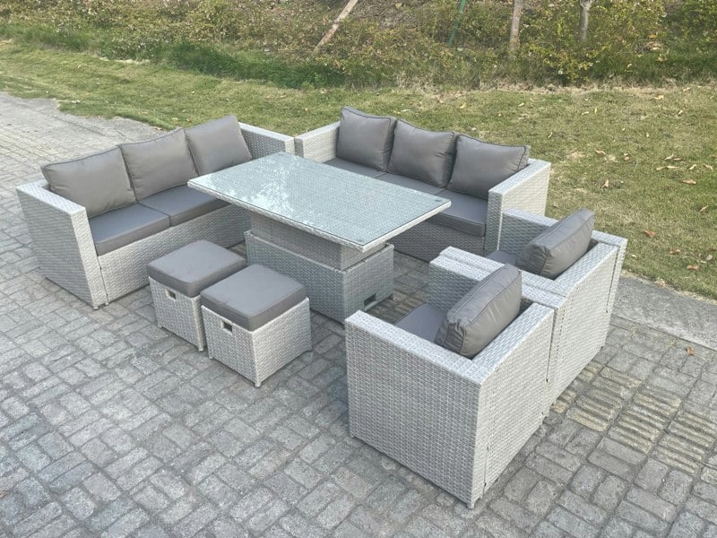Fimous Rattan Garden Funiture Set Adjustable Rising Lifting Table Sofa Dining Set Lounge Sofa 2 Arm Chair Stool