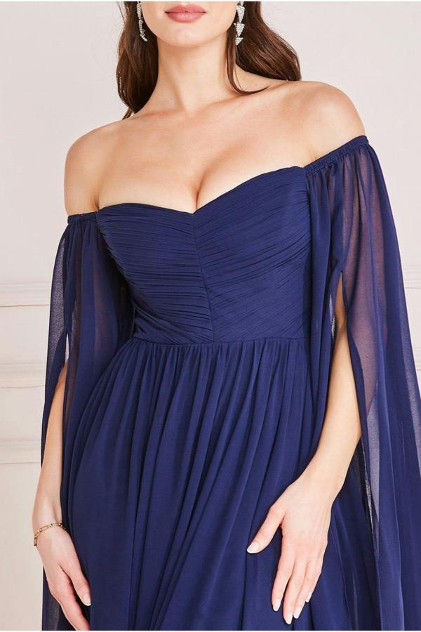 Chiffon Off The Shoulder Maxi With Cape Sleeves  - Navy DR3780