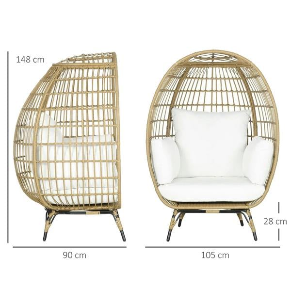 Khaki rattan egg chair with white seat and back cushions, plus side pillows