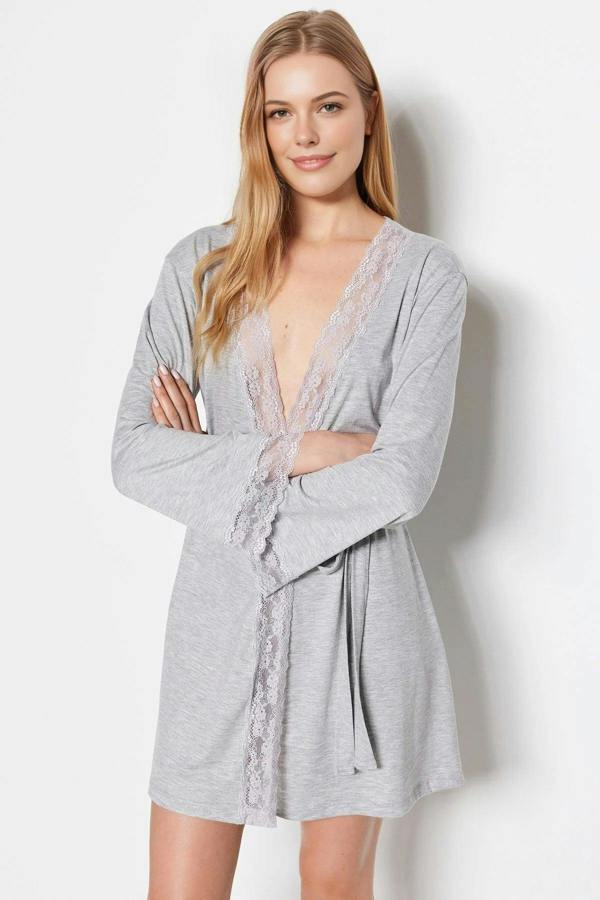 WOVCOR Viscose Knit Dressing Gown with Belt and Lace Detail