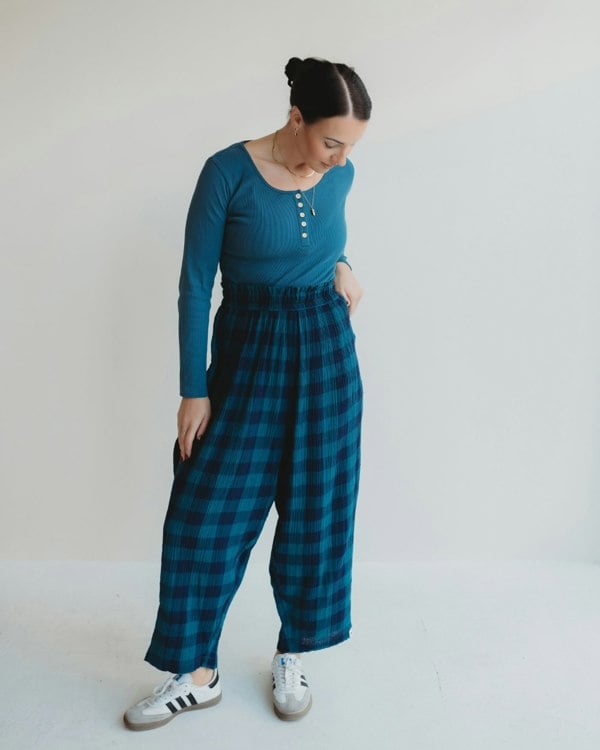 Betty Navy Check Print Drape Trousers- image 1