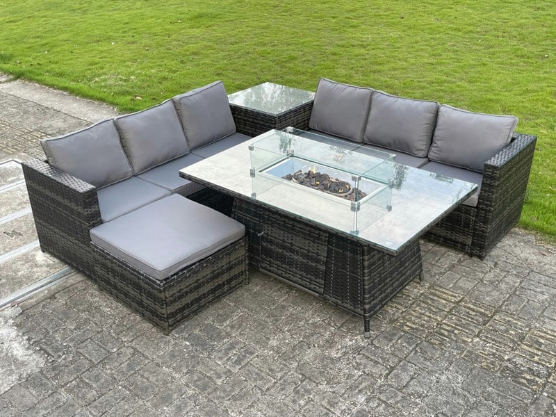 Fimous Outdoor PE Rattan Garden Corner Furniture Gas Fire Pit Table Sets Gas Heater Lounge Big Footstool Dark Grey 7 Seater
