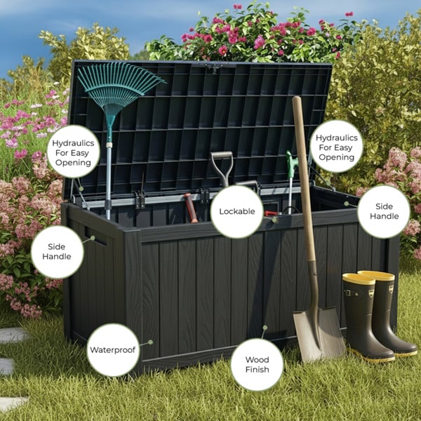 Homeology TUNGSTEN 450 Litre 119 Gallon Waterproof Extra Large Lockable Easy-Open Garden Storage Box in Black